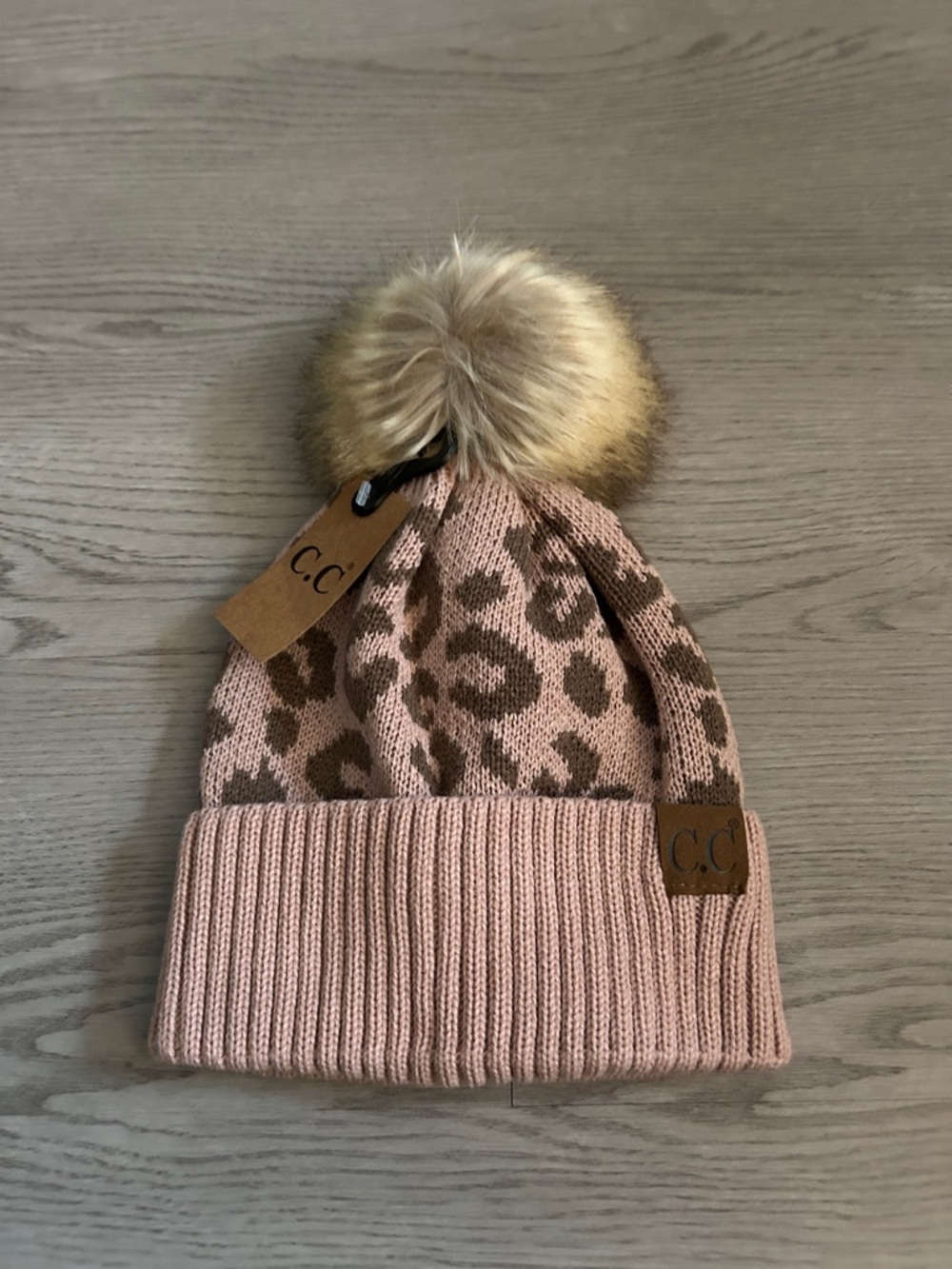 C.C Kids Blush Pink Leopard Pom Knit Beanie